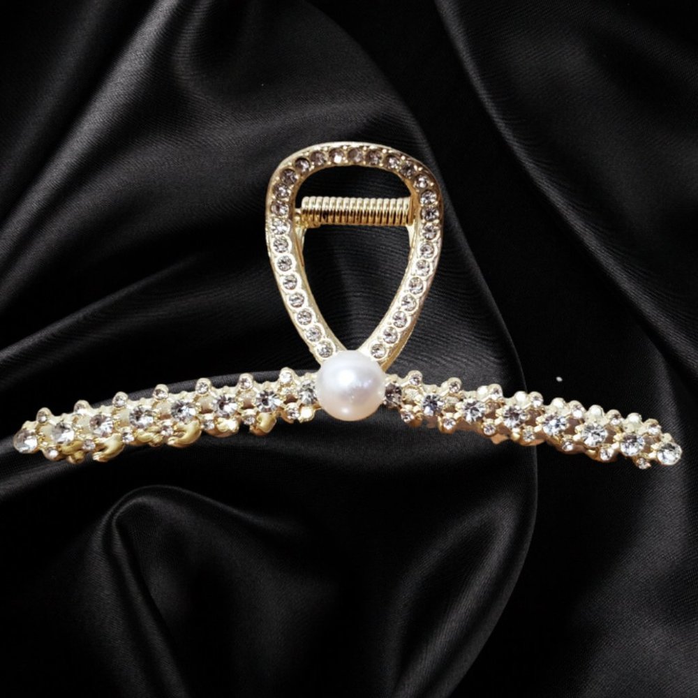 4.5" Imitation Pearl and Rhinestone Metal Hair Claw for Long Thick Hair